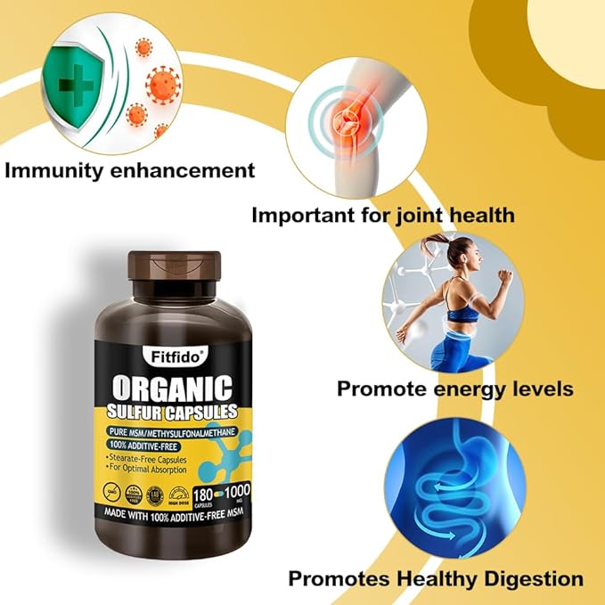 MSM Organic Sulfur Capsules, Premium MSM Supplement, Used for Joint Health and Functional Wellness, Hair, Skin, Nails, Non-GMO, Gluten Free, 1 Bottle Pack(180 Count)