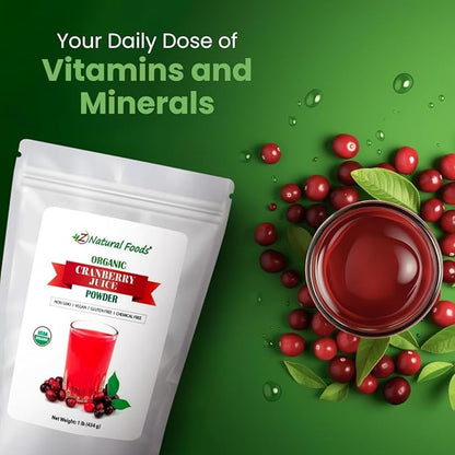 Z Natural Foods Organic Cranberry Juice Powder, Nutrient-Packed Superfood Powder, Perfect for Smoothies, Tea, Juice, Cooking, and Baking, Vegan, Non-GMO, Gluten-Free, 1 lb