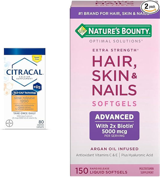 CITRACAL Slow Release 1200, 1200 mg Calcium Citrate and Calcium Carbonate Blend & Nature's Bounty Advanced Hair, Skin & Nails