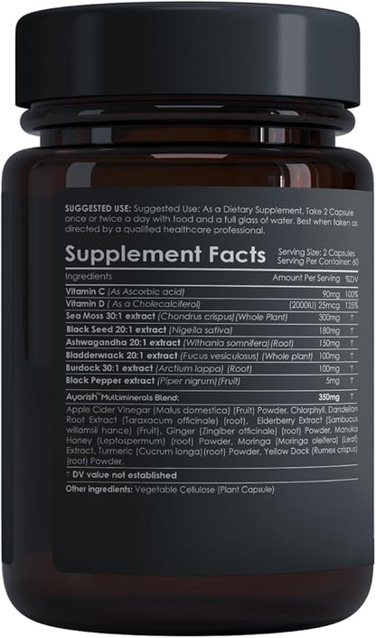 Sea Moss Capsules Black Seed Oil Ashwagandha Bladderwrack Burdock, Vitamin C & D3 with Elderberry Manuka Dandelion Yellow Dock Chlorophyll ACV Moringa Ginger 120