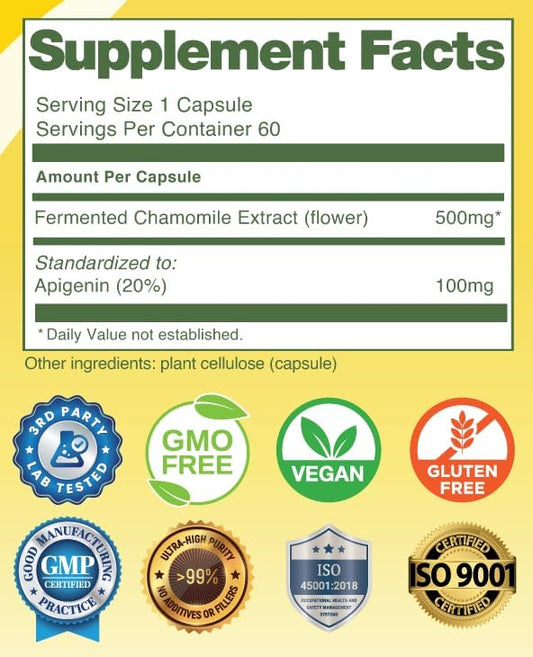 Apigenin | Fermented Chamomile Extract | 100mg of 60 Vegan (500mg)