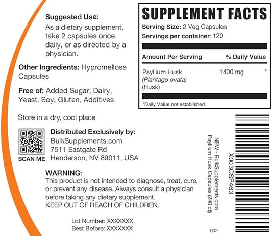 BulkSupplements.com Psyllium Husk Capsules 2 Capsules (1400mg) per 240 Veg
