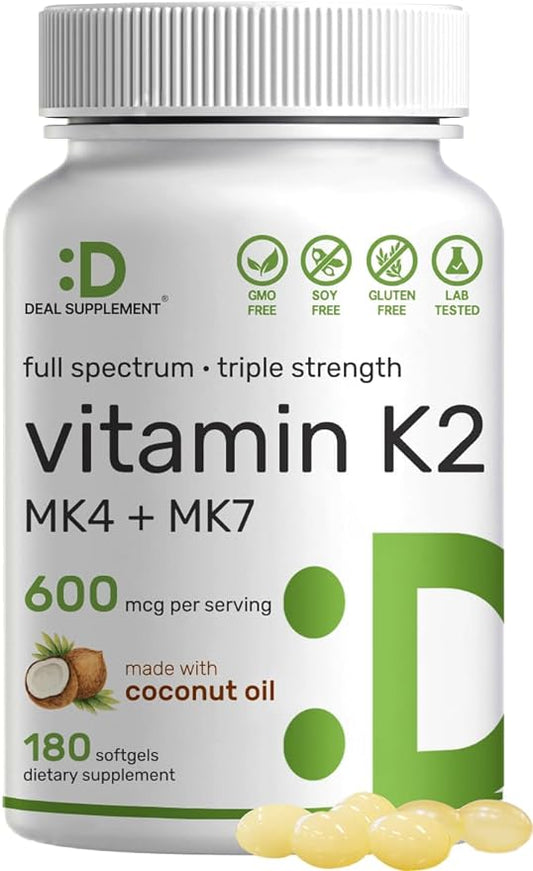 Vitamin K2 Supplement 600mcg, 180 Virgin Coconut Oil Softgels (6 Month Supply) ??Full Spectrum MK-7 & MK-4 Forms, High Absorption, Triple Strength K Vitamins ??Bone, Joint, & Immune Support ??Non-GMO