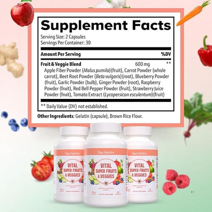 Vital Super Fruits & Veggies - Daily Superfood Capsules for Adults - Fruit and Veggies Supplement to Boost Immunity & Energy - 2-in-1 Formula for Overall Wellness - Fruit and Vegetable Capsules