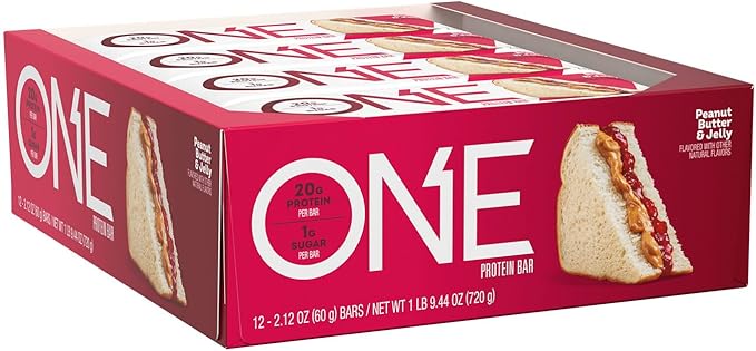 ONE Protein Bars, Peanut Butter & Jelly, Gluten Free with 20g Protein and 1g Sugar, Pantry Staples, 2.12 oz (12 Count)