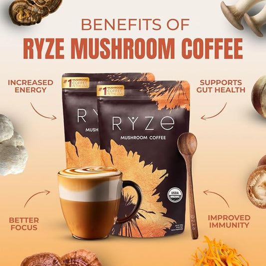 RYZE Starter Kit | Mushroom Coffee Bundle | 6 Adaptogenic Mushrooms | USDA Organic | Instant Coffee | MCT Oil | USA Grown | Better Energy, Focus, Digestion, Immunity | 60 servings