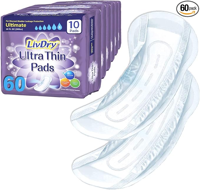 LivDry Incontinence Ultra Thin Pads for Women 60-Count)