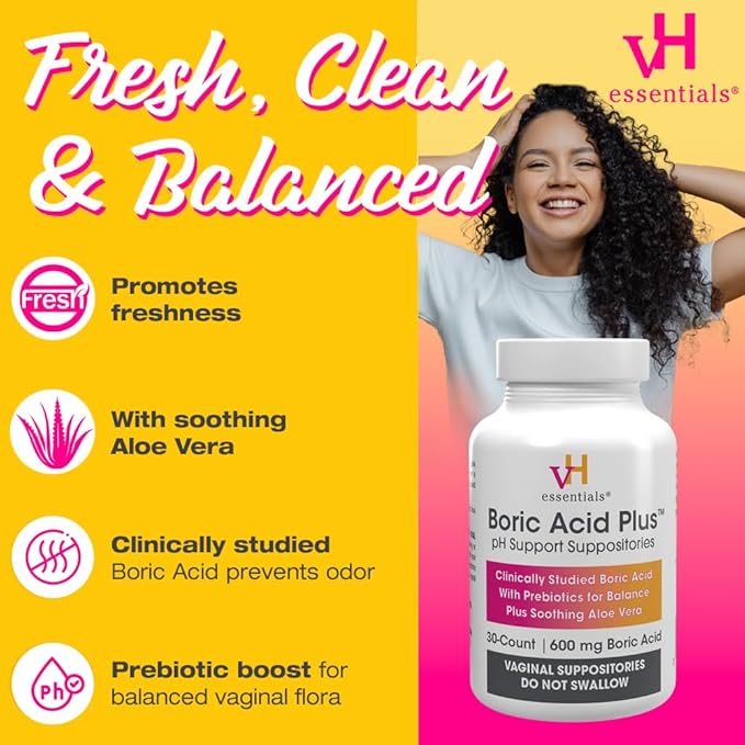vH essentials Boric Acid Plus Vaginal Suppositories, Prebiotic Infused with Soothing Aloe Vera, pH Support Formula Fights Odor and Promotes Freshness, 600mg Boric Acid, 30 Count