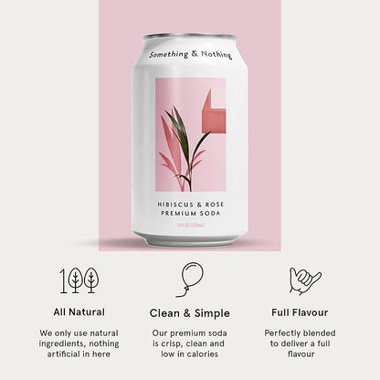 Something & Nothing Flavoured Sparkling Water - Lightly Carbonated, Full Flavoured with Added Grape & Lemon Juice | Vegan & Low Calorie Soda | 350ml Cans, Pack of 12 (Hibiscus & Rose)