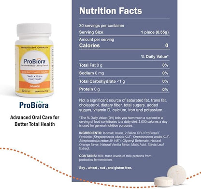 ProBiora Oral-Care Chewable Probiotic Tablets | Probiotic Supplement for Women & Men | Healthier Teeth & Gums | Fresher Breath | Whiter Teeth | Better Overall Health | 30 Count | Orange