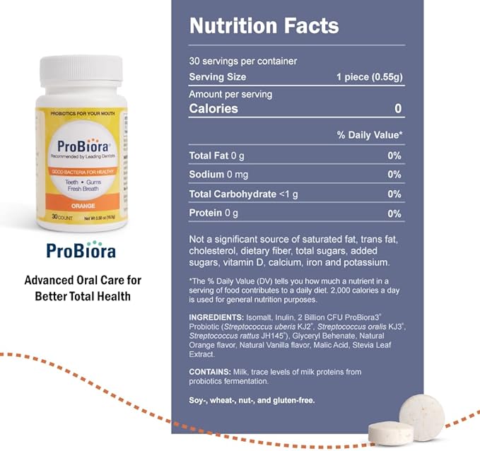ProBiora Oral-Care Chewable Probiotic Tablets | Probiotic Supplement for Women & Men | Healthier Teeth & Gums | Fresher Breath | Whiter Teeth | 30 Count | Pack of 2 | Orange