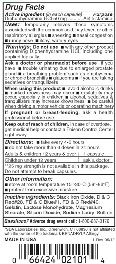 SDA LABORATORIES Diphenhydramine 50mg, Allergy Relief, 100 Count (2 Pack)