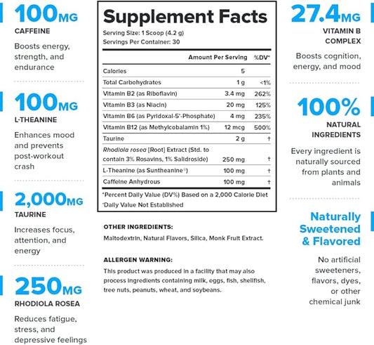 LEGION Energy Supplement - Unflavored Energy Drink Powder - Caffeine Powder with Taurine & Vitamin B Complex - Naturally Sweetened Energy Powder for Healthy Energy Drinks (120g)