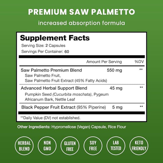 Saw Palmetto Supplement for Prostate Health 600mg Complex 120 Capsules