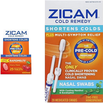 Zicam Cold Remedy Cherry Zinc Rapidmelts 25 Count and Zinc-Free Medicated Nasal Swabs 20 Count Bundle