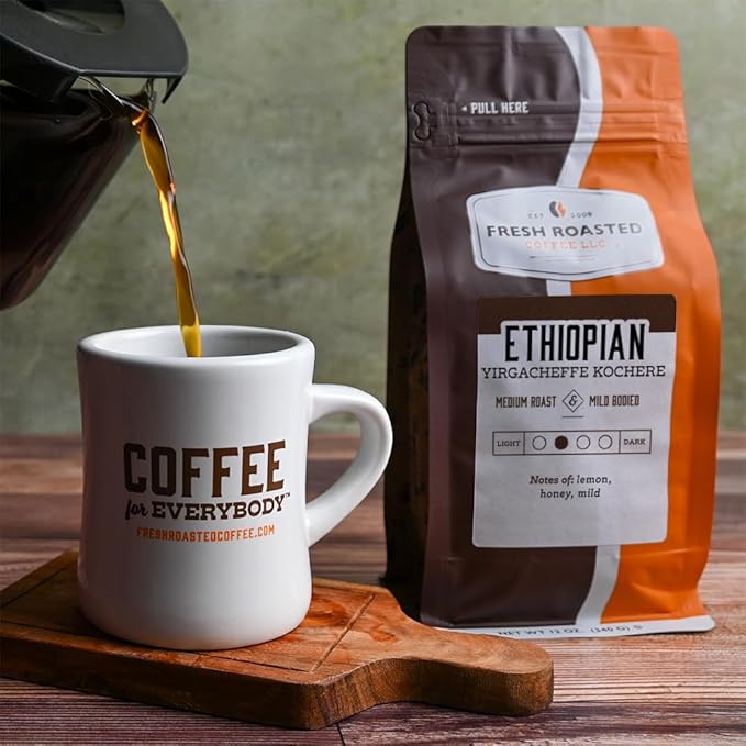 Fresh Roasted Coffee, Ethiopian Yirgacheffe Kochere, 12 oz, Medium Roast, Kosher, Whole Bean