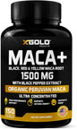X Gold Health Organic Maca Root Powder Capsules 1500mg with Black | Red & Yellow Peruvian Maca Root Extract Gelatinized, Energy & Mood Supplement for Men & Women + Black Pepper for Best Benefits