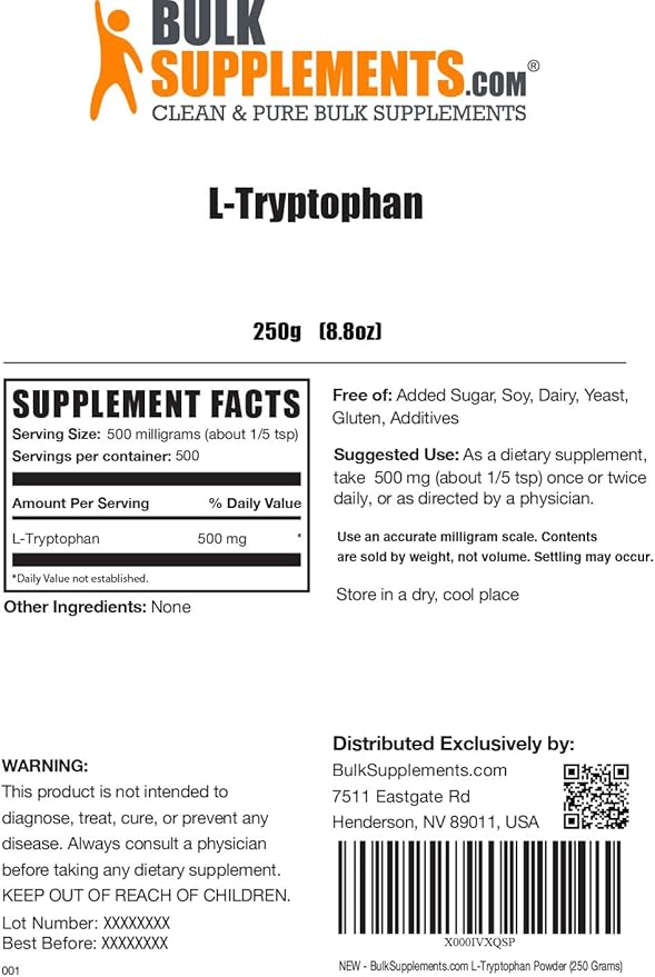 BulkSupplements.com L-Tryptophan Powder 500mg, Tryptophan 500mg per 250g (8.8 (8.8 oz) 1)