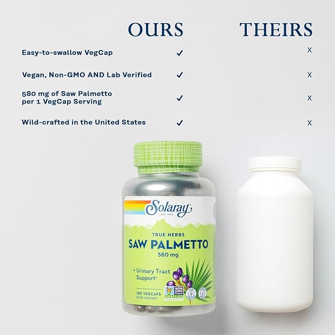 Solaray Saw Palmetto Berry 580 mg, Healthy Prostate and Urinary Tract Support from Fatty Acids & Plant Sterols for Men and Women, Non-GMO, Vegan & Lab Verified, 180 VegCaps, 180 Servings