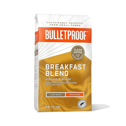 Bulletproof Breakfast Blend Light Roast Whole Bean Coffee, 12 Ounces, Arabica Coffee Sourced from Central and South America, Rainforest Alliance Certified