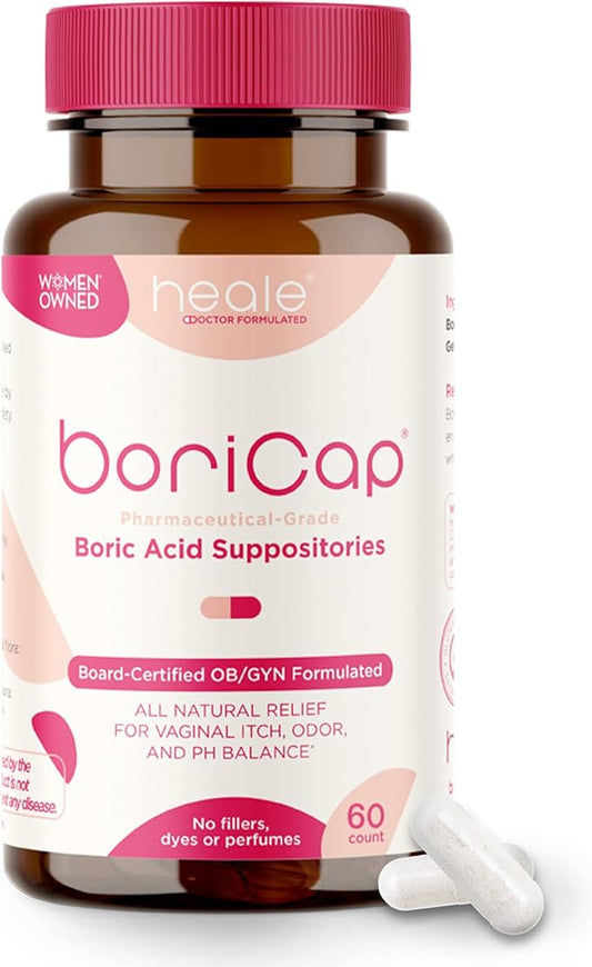 BoriCap - Boric Acid Suppositories for Women - 600 mg - Vaginal Health, pH Balance, Itch & Odor - Natural - Feminine Care - by Heale - 60 Capsules