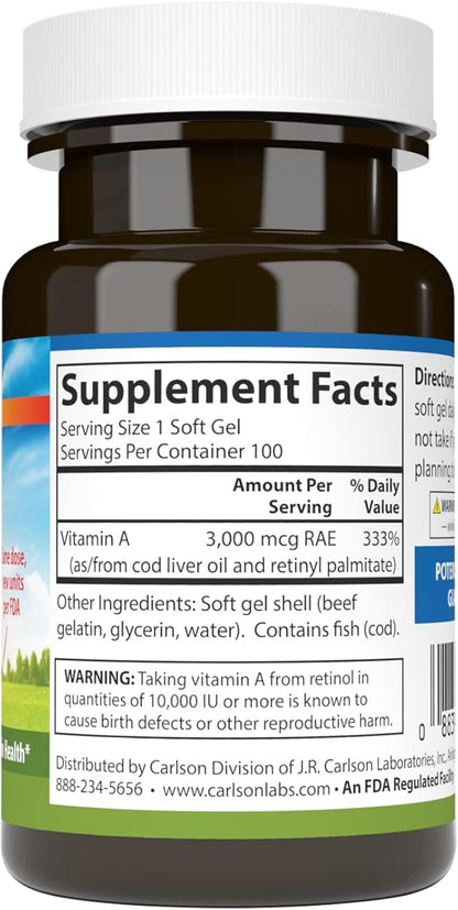 Carlson - Vitamin A, 10000 IU (3000 mcg 100 Softgels