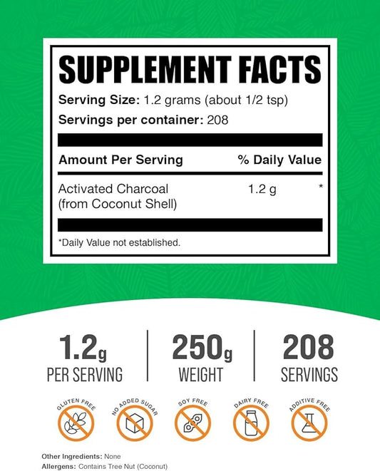 BulkSupplements.com Activated Charcoal Powder - from Coconut Charcoal, Charcoal Powder for Teeth Whitening - Vegan & Gluten Free - 1200mg per Serving, 250g (8.8 oz) (Pack of 1)