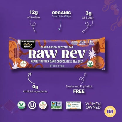 Peanut Butter Dark Chocolate & Sea Salt "New and Improved Glo" Vegan Protein Bars, 12g of Plant-Based Protein with Only 3g of Sugar, Pack of 12