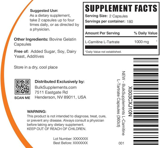 BulkSupplements.com L-Carnitine L-Tartrate Capsules - Carnitine Supplement, L Carnitine 1000mg Capsules - L-Carnitine Tartrate, Gluten Free - 2 Capsules per Serving, 360 Capsules (Pack of 1)