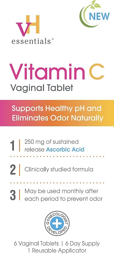 vH essentials Vitamin C Vaginal Tablet - Boric Acid Suppository Alternative - Supports Healthy pH and Eliminates Vaginal Odor Naturally, Suppositories for Vaginal Health 6 Count, 1 Applicator