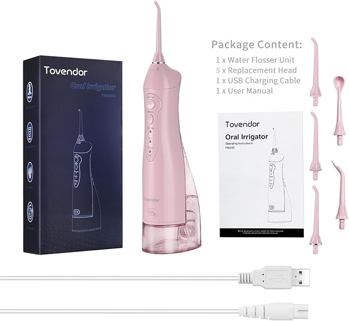 TOVENDOR Electric Water Flosser, Rechargeable Dental 3 Modes, 5 Tips (300ML, IPX7Waterproof IPX7Waterproof Waterflosser)