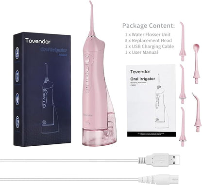 TOVENDOR Electric Water Flosser, Rechargeable Dental 3 Modes, 5 Tips (300ML, IPX7Waterproof IPX7Waterproof Waterflosser)