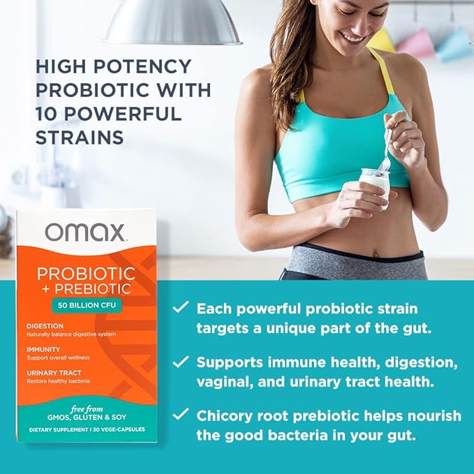 Omax Prebiotic & Probiotic 50 Billion CFU + Chicory Inulin, 10 Strains, Reduce Bloating, Digestion, SIBO, Leaky Gut, Vaginal pH, Acidophilus, Vegan, Dairy Free, Gluten Free, Blister Packaged