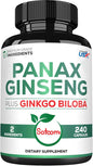 600mg Korean Red Panax Ginseng Capsules 400mg - 240 Vegan 120 Servings