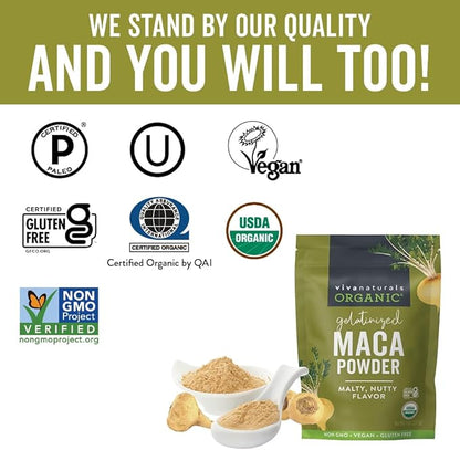 Viva Naturals Organic Maca Powder - Gelatinized Maca Powder Organic, Vegan and Kosher Peruvian Superfood - Certified USDA Organic, Gluten-Free & Non-GMO, 8 oz Resealable Bag