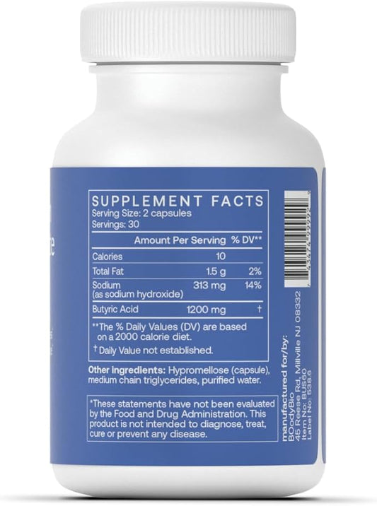 BodyBio Butyrate Supplement - Postbiotic for Gut Microbiome Health, Digestion and Regulation Support - Butyric Acid with Sodium - 60 Capsules