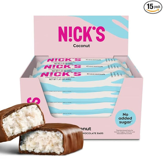 NICKS Coconut Keto Chocolate Candy Bars No Added Sugar 160 Calories, 3.0 Net carbs, Gluten Free Sweets Low carb Candy Snack Bar (Multipack 15x40g)