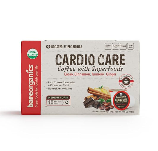 BareOrganics Cardio Care Coffee With Superfoods & Probiotics | Keurig K-Cup Compatible Coffee Pods | USDA Certified Organic, Vegan, Non-GMO & Recyclable 72ct