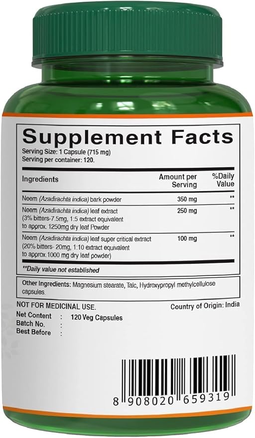 Pure Nutrition Neem Capsules 700mg. (Equivalent 2600mg Neem 120 Days