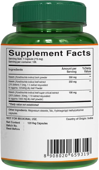 Pure Nutrition Neem Capsules 700mg. (Equivalent 2600mg Neem 120 Days