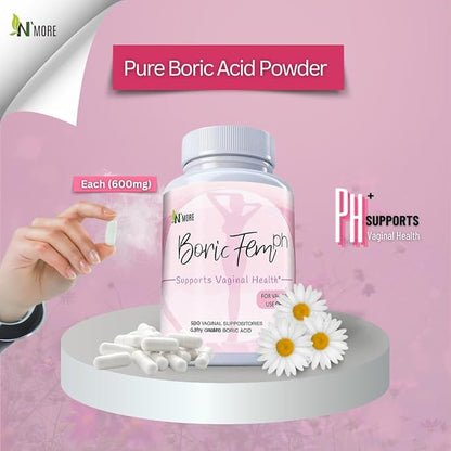 N'More Boric Acid Vaginal Suppositories- 100% Pure - Made in USA- Boricfem Vaginal Health Supplement- 30 Servings (Pack of 1)