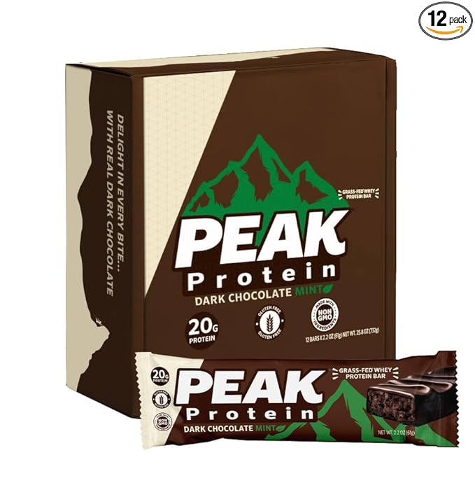 PEAK PROTEIN BARS - Dark Chocolate Mint - Natural - Grass-Fed Whey - 20G Protein - Non-GMO - Gluten Free - Real Dark Chocolate (12 Pack)