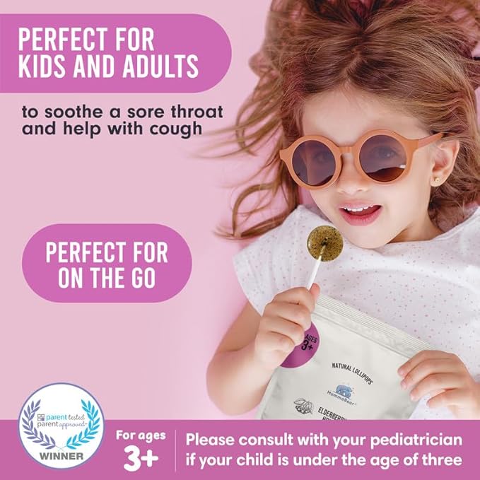 MommaBear Organics Handcrafted Kids Cough Lollipops – Natural Sore Throat Relief & Cough Drop Suckers for Kids 3+ – Elderberry Bits, Honey & Organic Flavors – Tightly Sealed for Freshness, 5pc