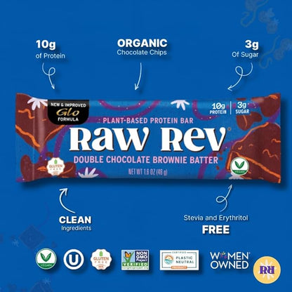 Raw Rev Vegan High-Protein Bars, Double Chocolate Brownie Batter, 10g Plant Protein, 12g Fiber, Non-GMO, 1.6 Oz, 12 Count (Pack of 1)