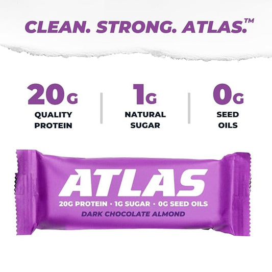 Atlas Protein Bar, 20g Protein, 1g Sugar, Clean Ingredients, Gluten Free (Dark Chocolate Almond, 12 Count (Pack of 1))