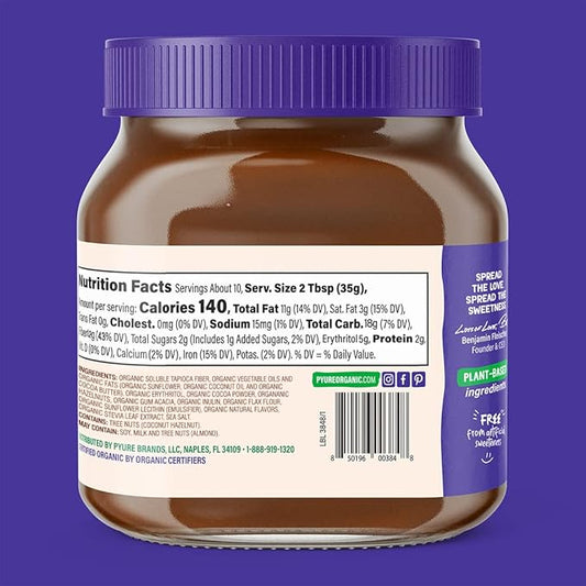 Pyure Organic Chocolate Hazelnut Spread | 90% Less Sugar | 1 Net Carb Keto Snack | No Palm Oil, Gluten-Free, Peanut Free, Plant-Based Hazelnut Spread for Vegan Keto Friendly Food | 13oz (Pack of 2)