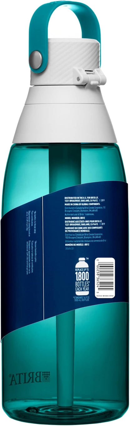 Brita Hard-Sided Plastic Premium Filtering Water Bottle, BPA-Free, Reusable, Replaces 300 Plastic Water Bottles, Filter Lasts 2 Months or 40 Gallons, Includes 1 Filter, Sea Glass - 36 oz.