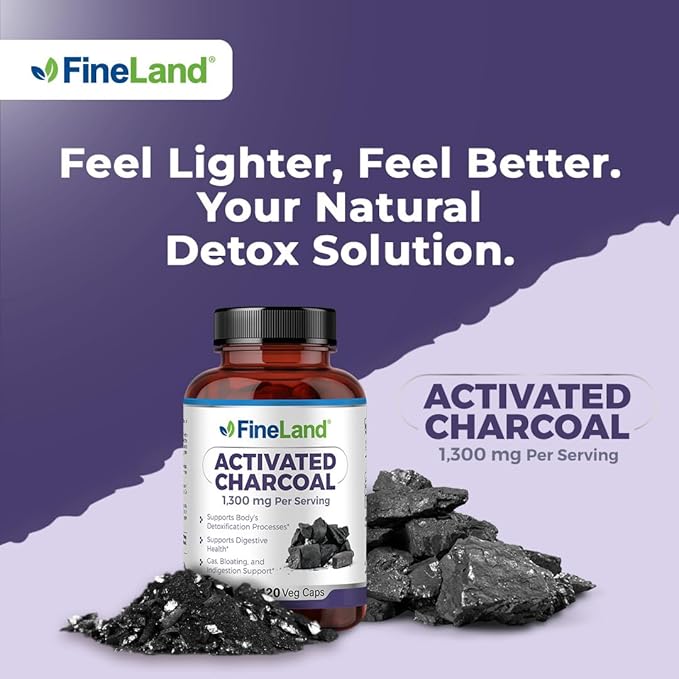 FineLand Activated Charcoal, 1,300 mg Detox Cleanse Support Capsules, Alleviate Gas & Bloating, Supports Arteries, Blood Circulation Colesterol Support, 120 Vegan Pills