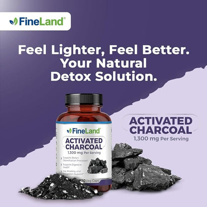 FineLand Activated Charcoal, 1,300 mg Detox Cleanse Support Capsules, Alleviate Gas & Bloating, Supports Arteries, Blood Circulation Colesterol Support, 120 Vegan Pills