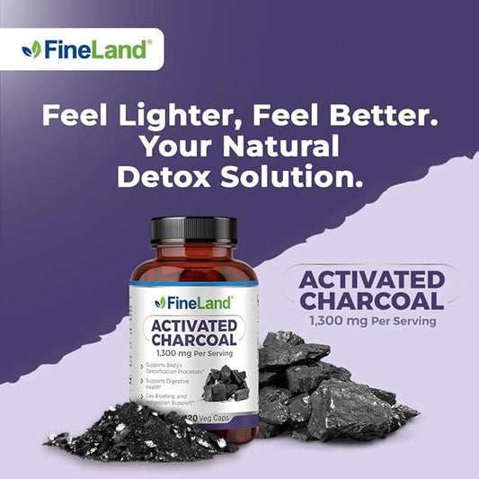 FineLand Activated Charcoal, 1,300 mg Detox Cleanse Support Capsules, Alleviate Gas & Bloating, Supports Arteries, Blood Circulation Colesterol Support, 120 Vegan Pills